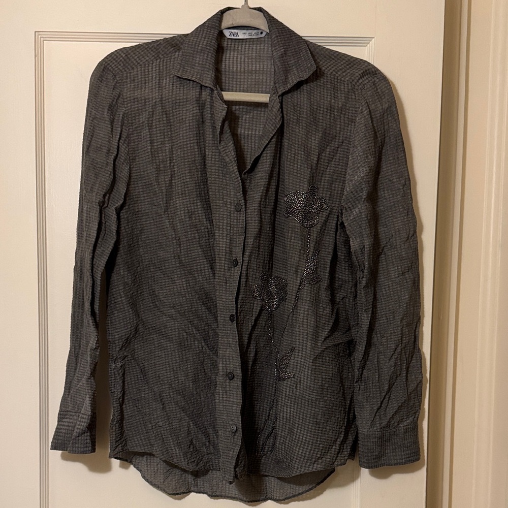 Zara Women’s olive beaded Checkered Shirt size small